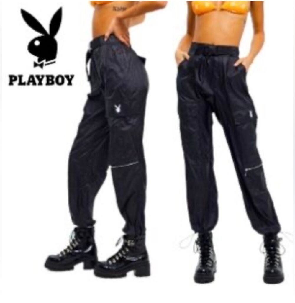 Playboy Bunny Logo Nylon Cargo Pants Medium Black Wide Leg Windbreaker Y2K